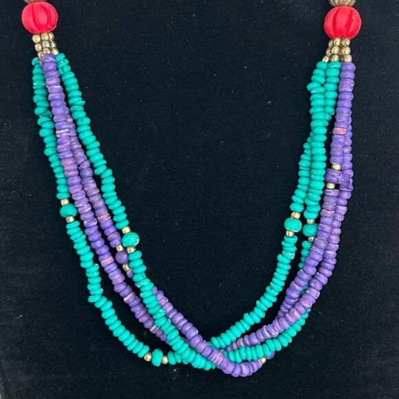 Vtg Multi-strand Beaded Necklace 23" Green & Purple W/ Gold & Silver-tone Accent - Picture 4 of 6